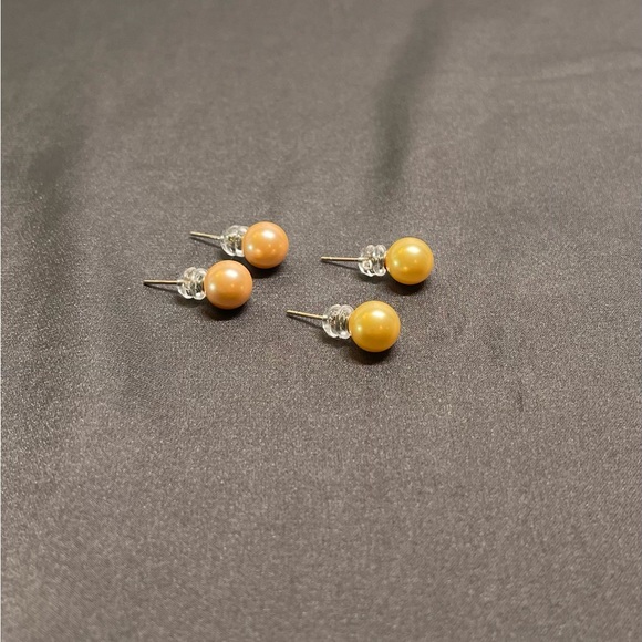 Two Pairs 8MM Pearl Sterling Silver Earrings, Peach and Yellow - Picture 1 of 3
